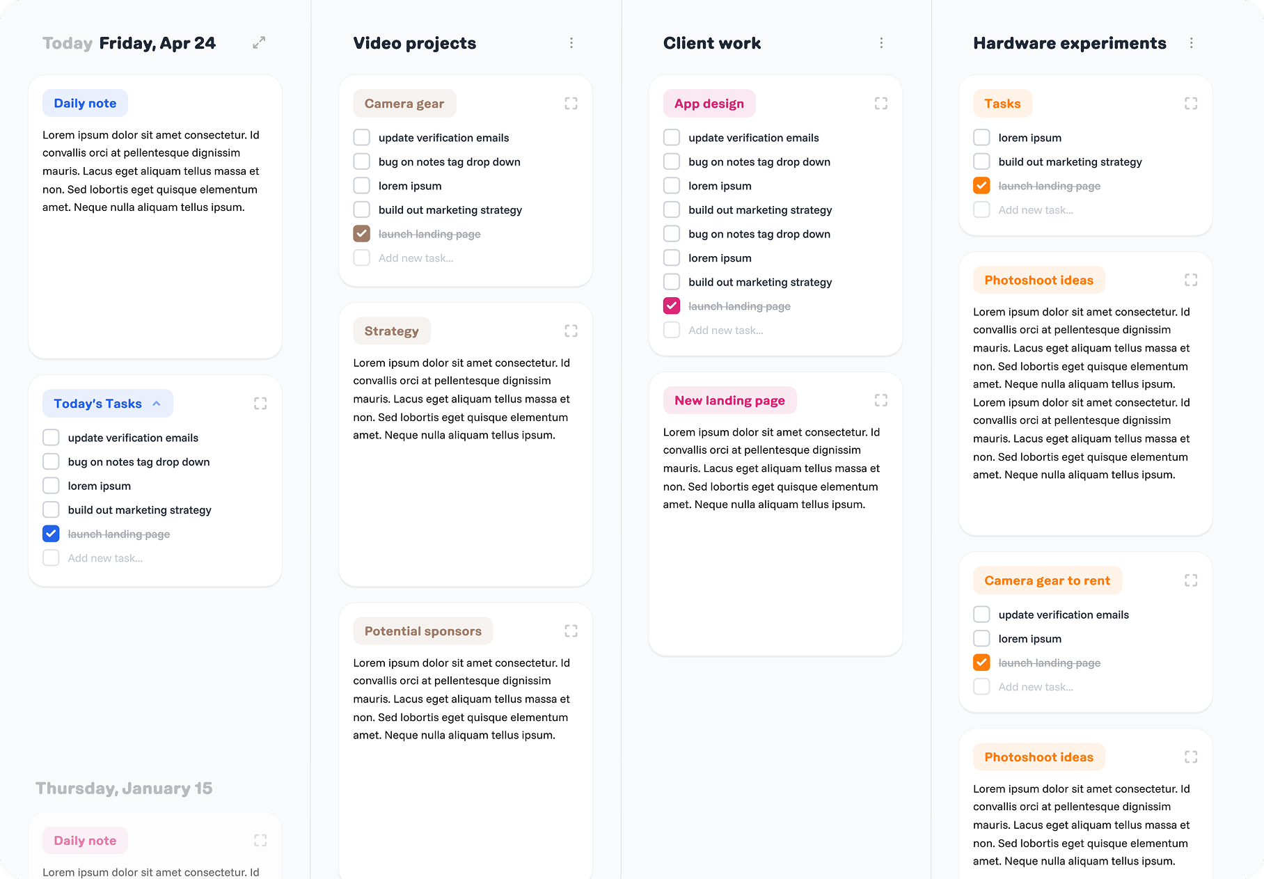 droplist board with daily notes and project columns